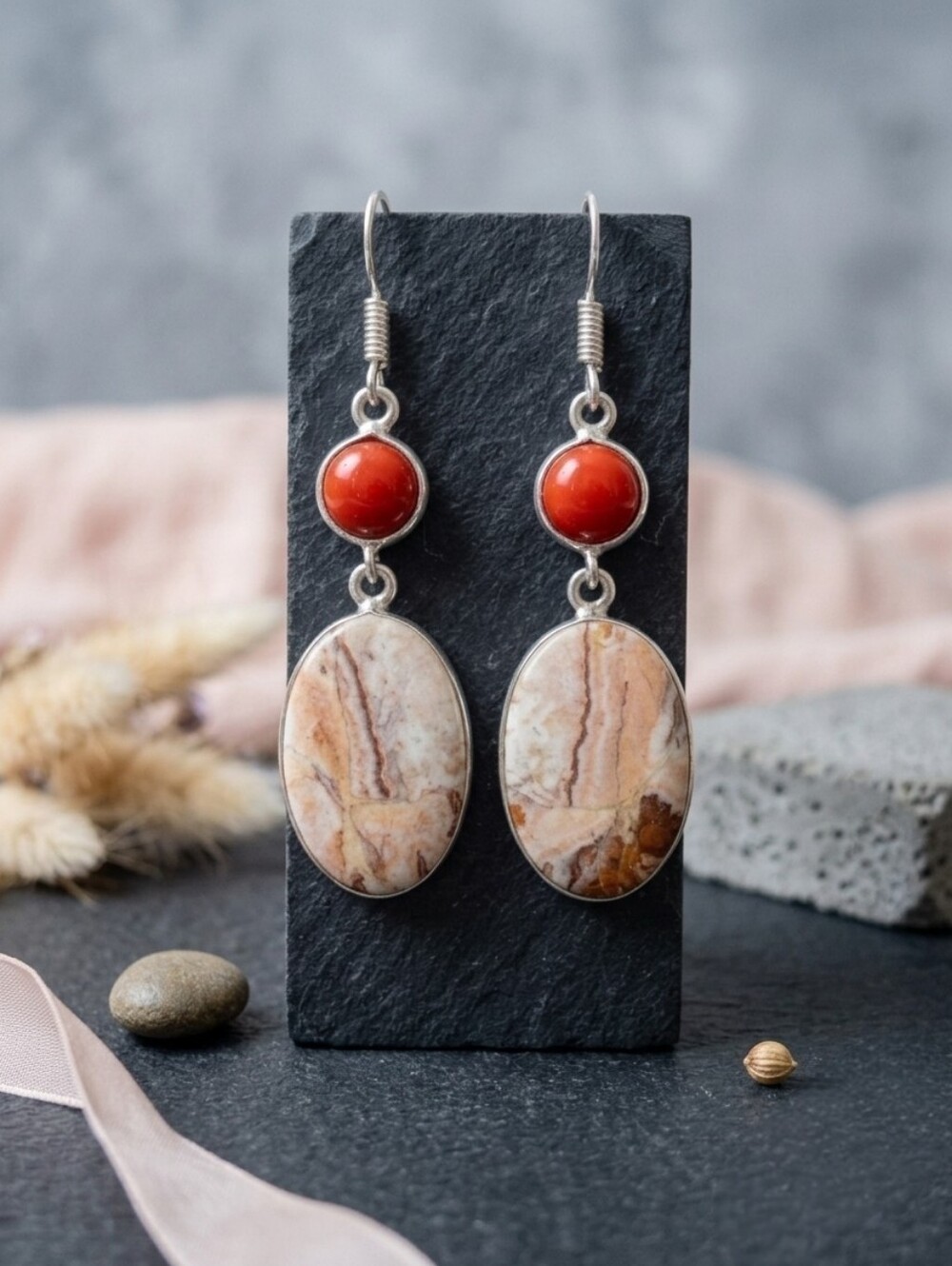 Crazy Lace Agate Red Coral Dangle Earrings 925 Sterling Silver Bohemian 2.2"